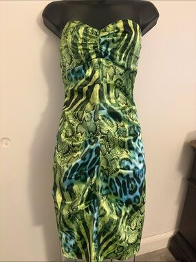 Ardene Lime Green & Teal Animal Print Strapless Midi Dress
